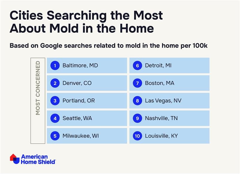 Alt text: Graphic showing the U.S. cities searching the most about mold in the home - study by ahs.com 
