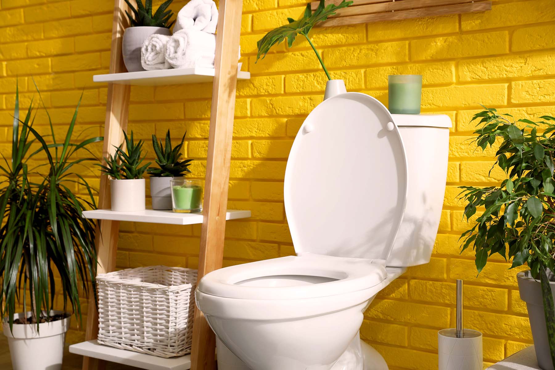 A white toilet against a bright yellow bathroom wall