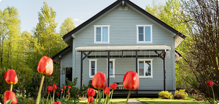 house with tulips out front